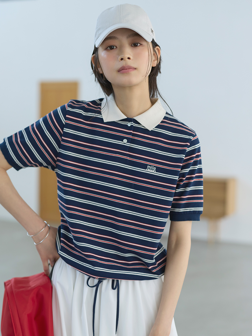 【接觸冷感】條紋抽繩Polo衫 09WCT264914