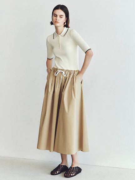 Polo針織×打摺傘擺裙拼接連身裙 09WFO261135