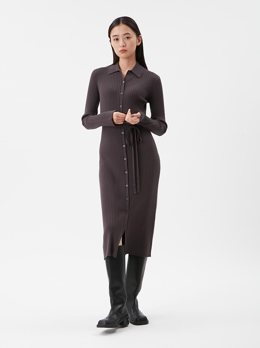 寬羅紋長版針織開襟連身裙 09WND261926