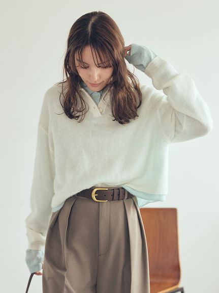 馬海毛混紡透膚感Polo針織上衣 09WNT254176