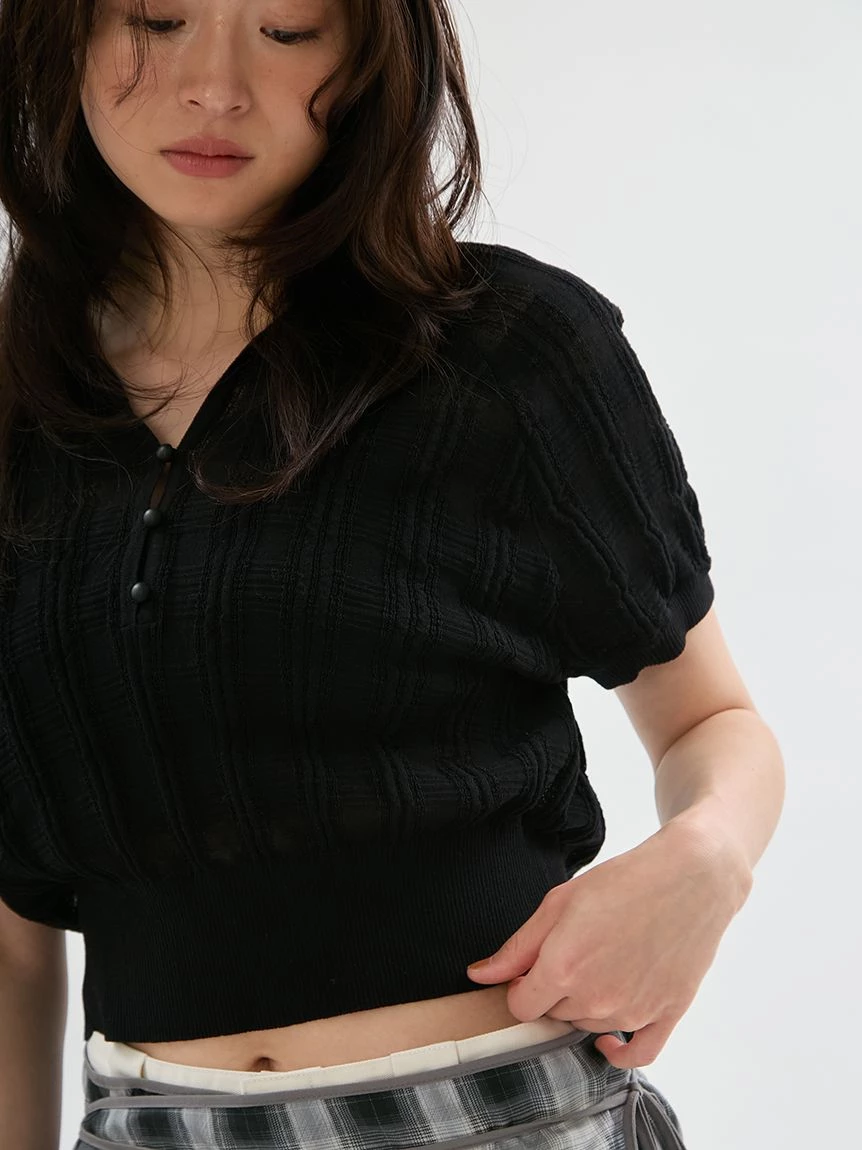 透膚格紋POLO領針織上衣 13WNT264077
