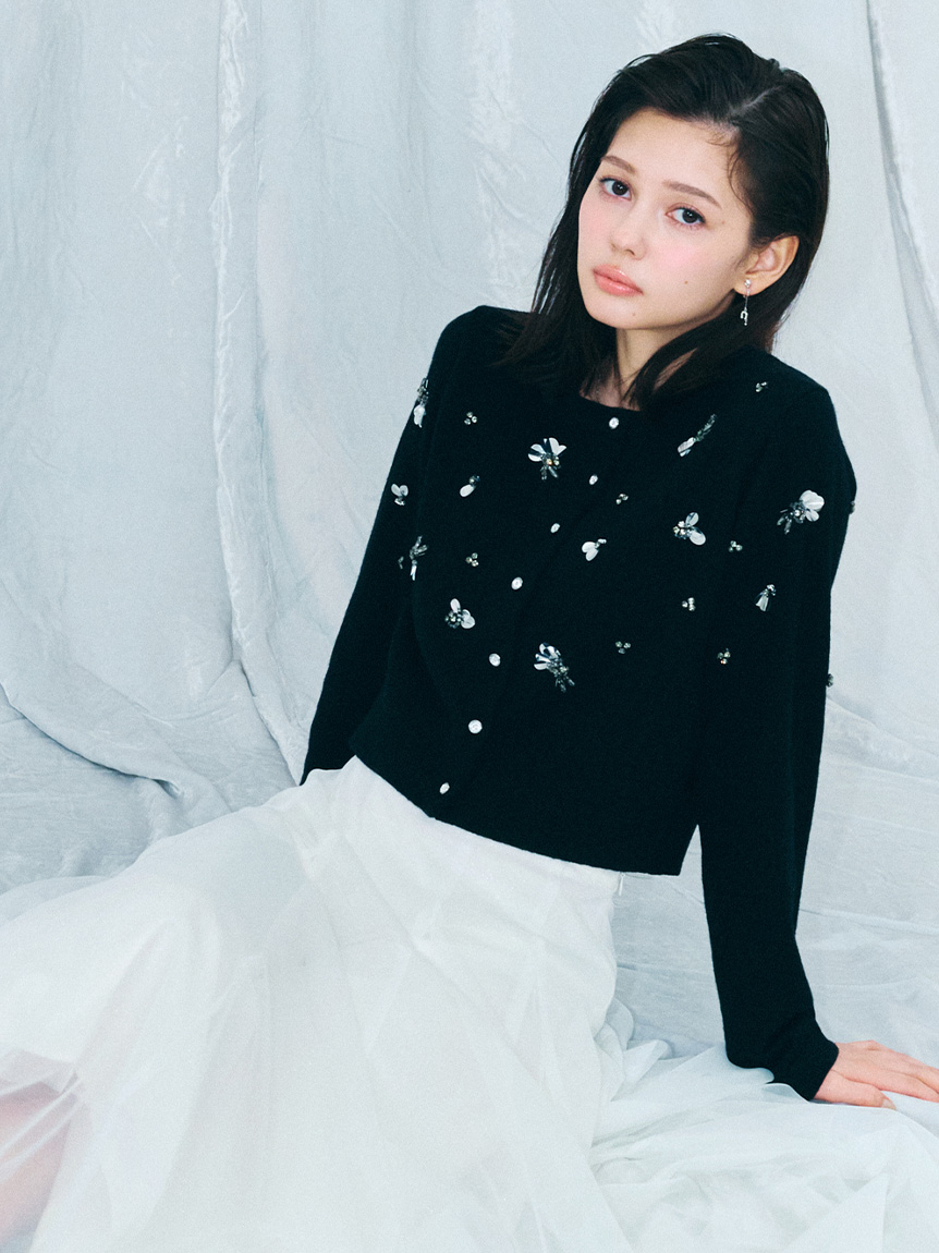 花瓣寶石裝飾開襟針織外套 CWND255074