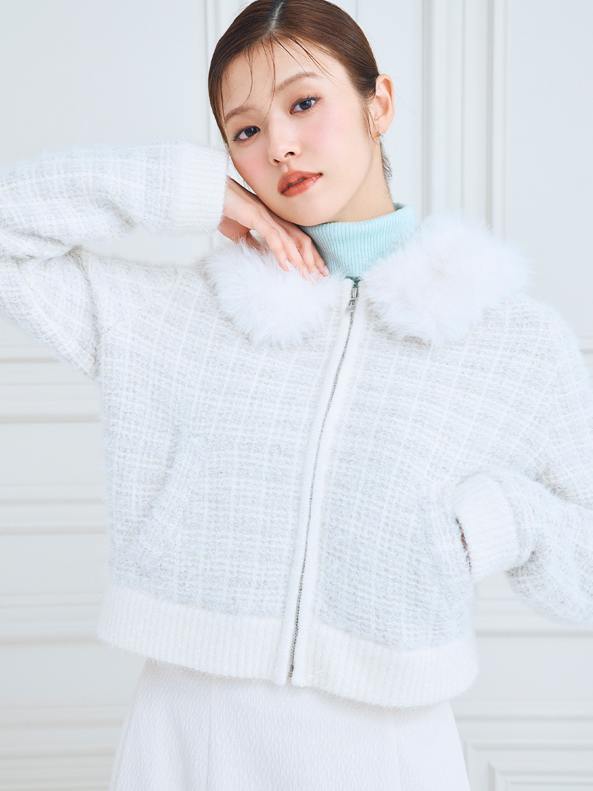 毛領粗花呢針織外套 CWNJ255075