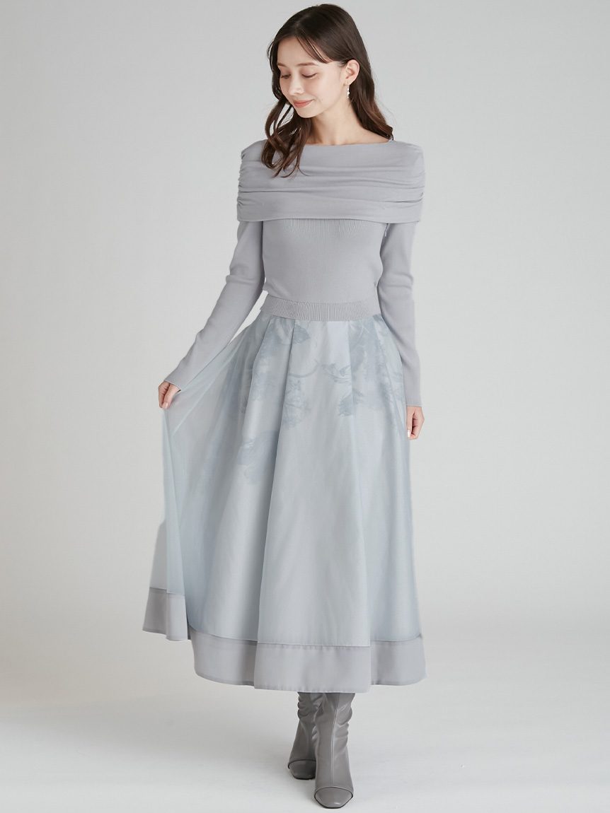 一字領針織拼接連身裙 CWNO261042