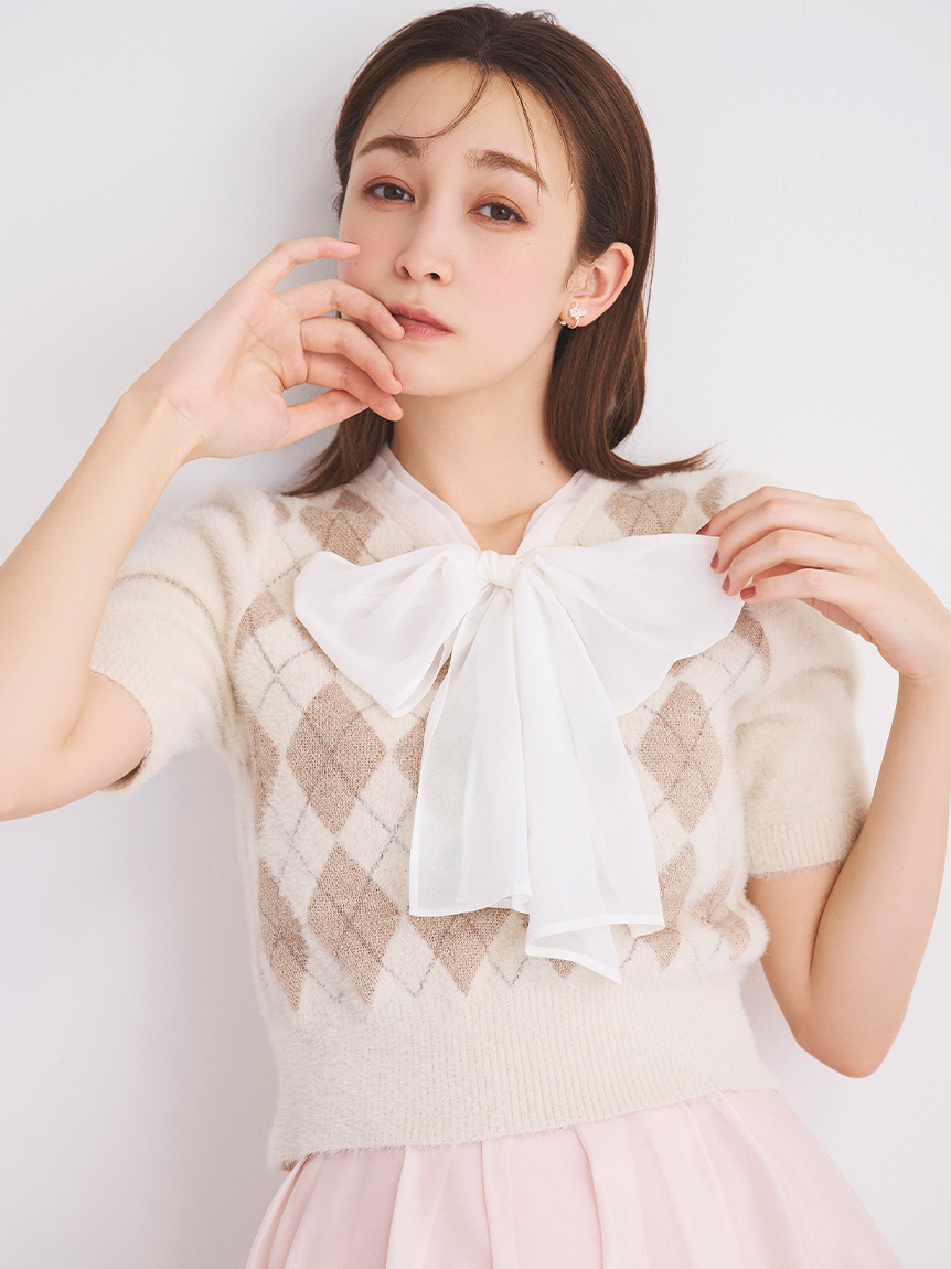 蝴蝶結領格紋針織上衣 CWNT254115