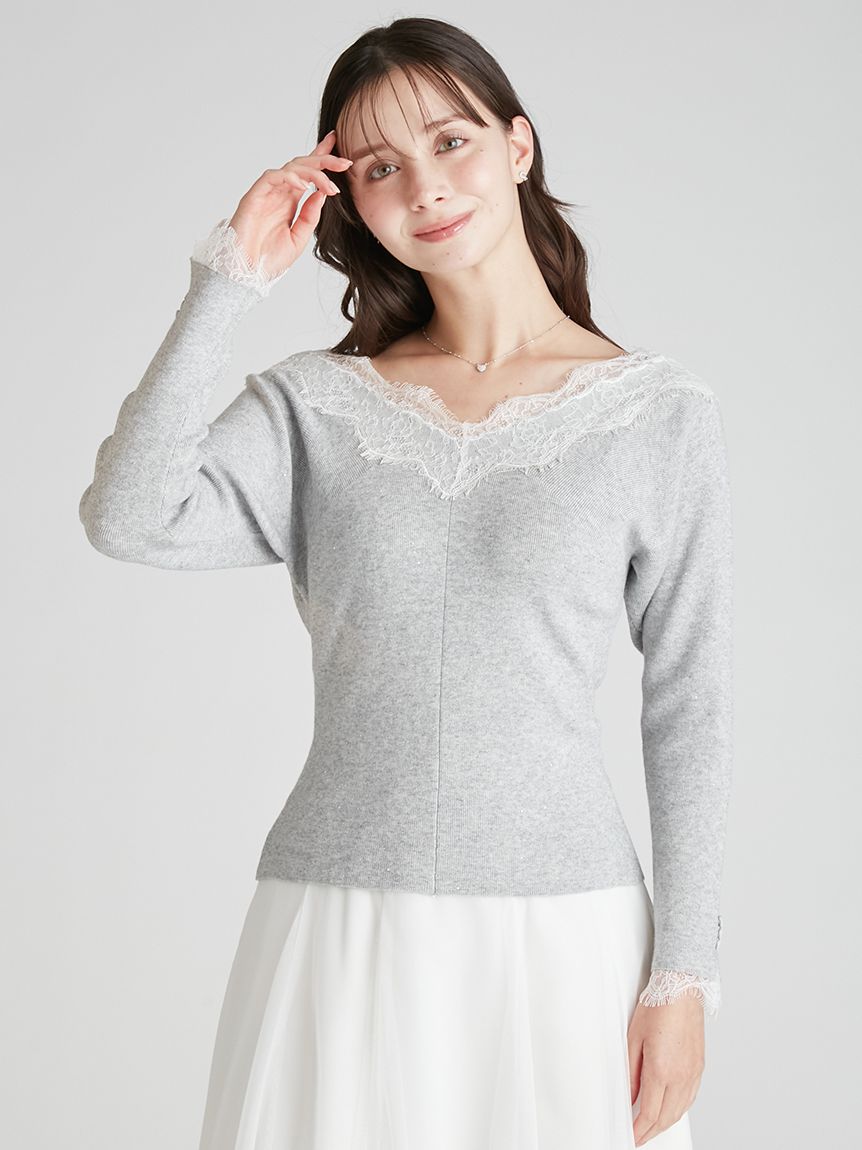 蕾絲滾邊羅紋針織上衣 CWNT255077