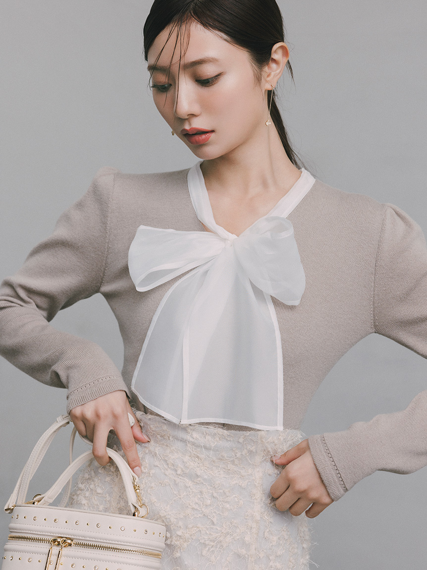 【可機洗】絲質混紡蝴蝶結針織上衣 CWNT255078