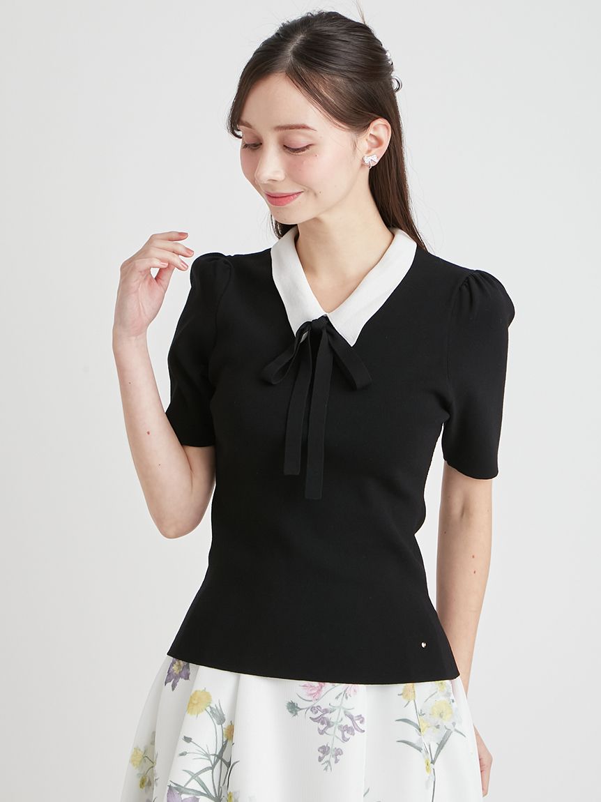 【可水洗】蝴蝶結綁帶領針織上衣 CWNT261110