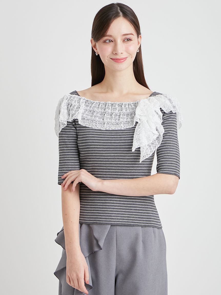 蕾絲編織荷葉針織上衣 CWNT262020