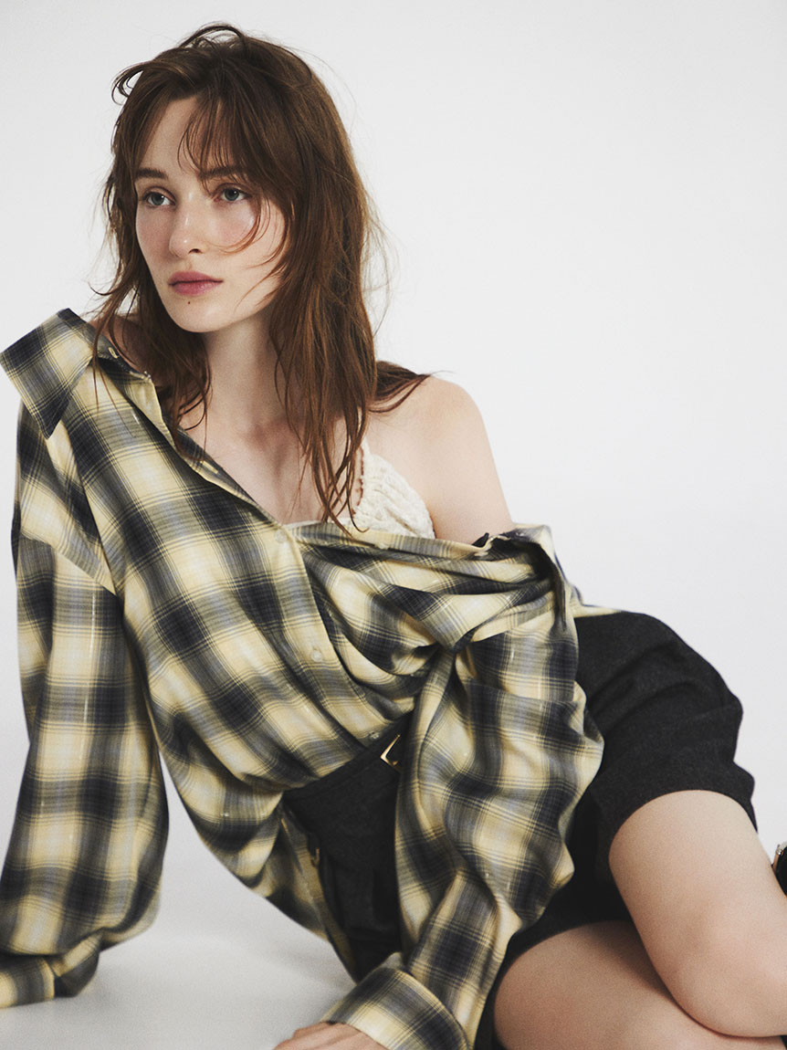 漸層金蔥格紋不對稱襯衫 FWFB254177