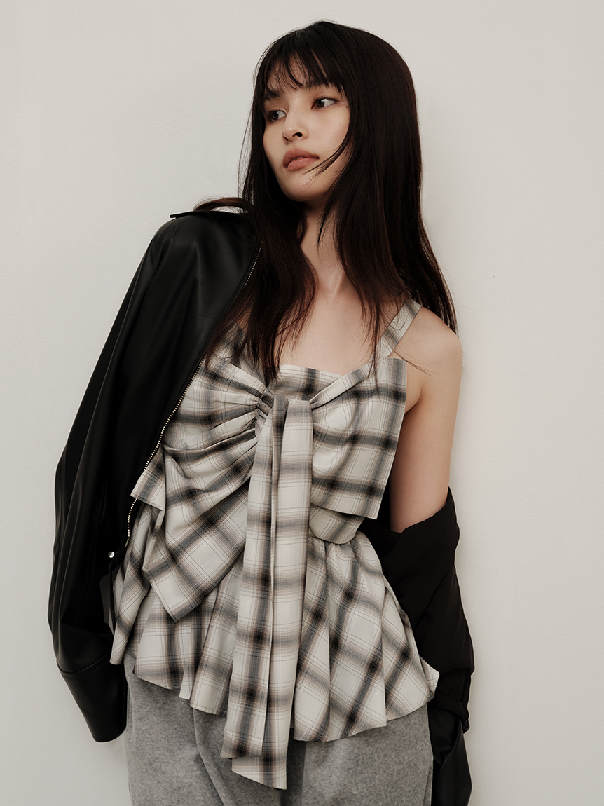 漸層金蔥格紋蝴蝶結吊帶上衣 FWFB254252