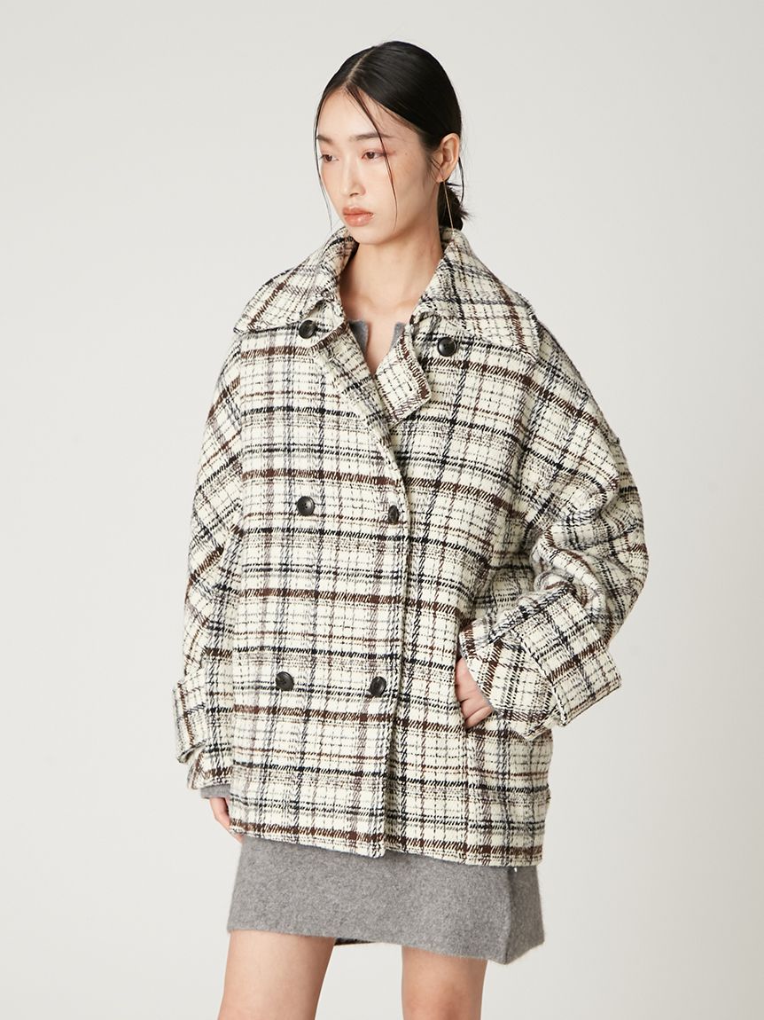 雙排扣格紋中長版大衣 FWFC255043