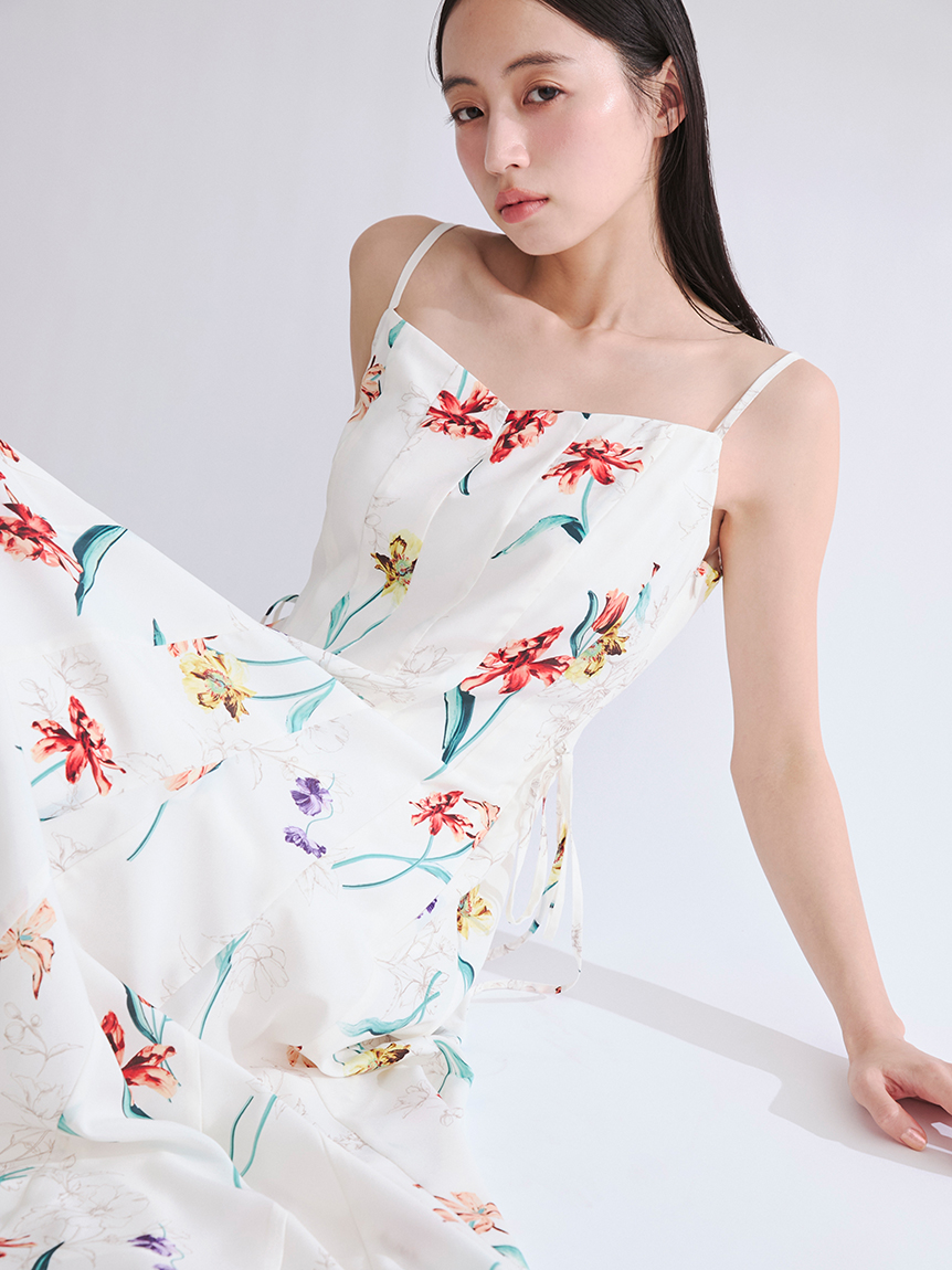 植物印花不對稱剪裁細肩帶連身裙 FWFO261084
