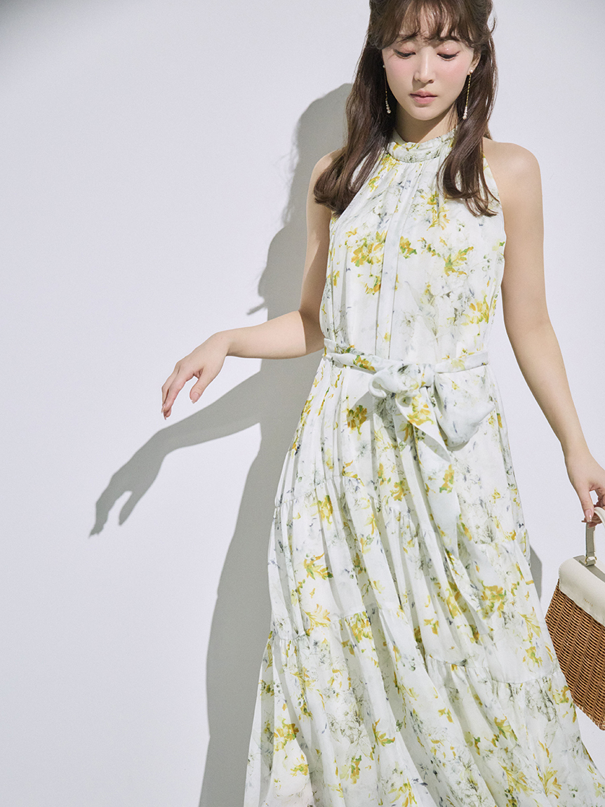 繞頸透膚印花連身裙 FWFO261092