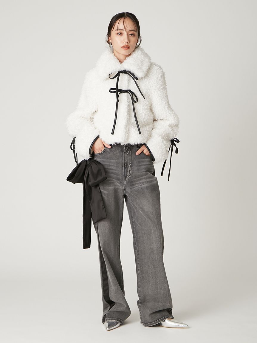 蝴蝶結緞帶直筒寬版牛仔褲 FWFP255067