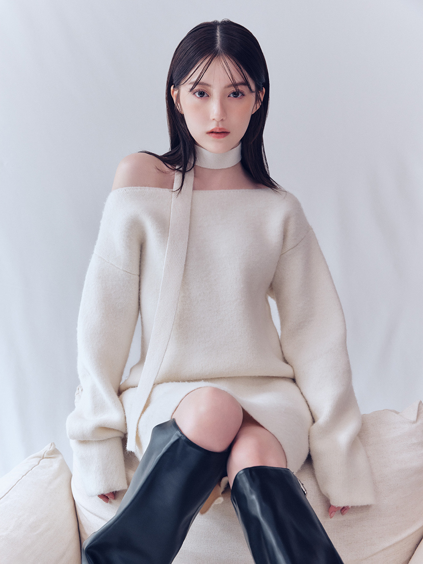 狐狸毛混羊毛針織連身裙(附繞脖綁帶) FWNO255010