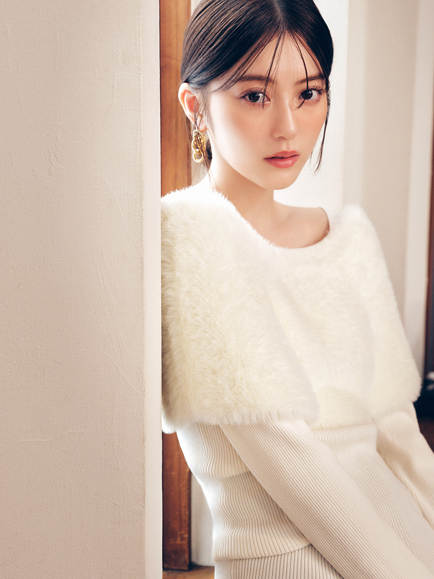 毛絨披肩露肩針織上衣 FWNT255109