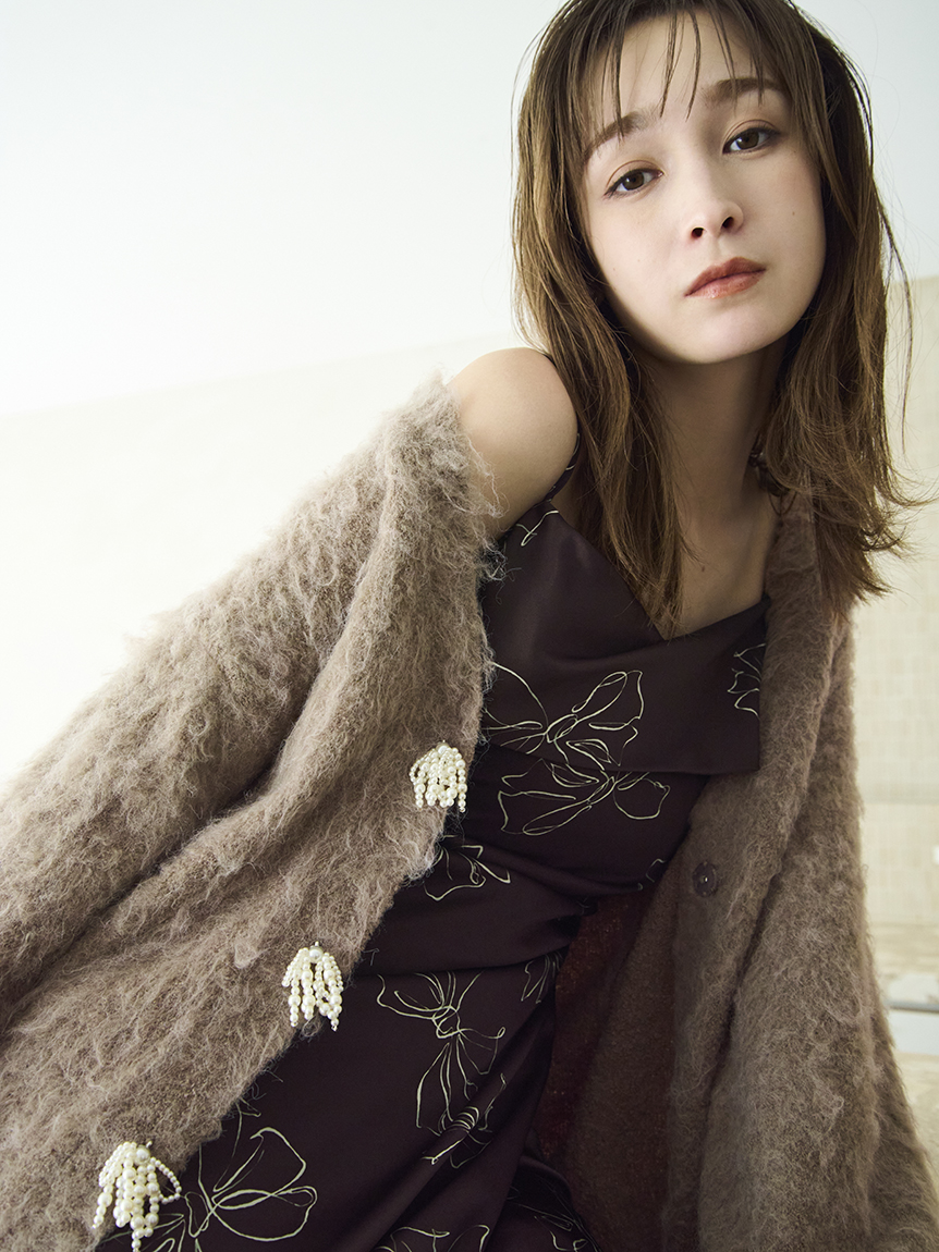 珍珠蝴蝶結刷毛中長版V領外套 FWNT255118