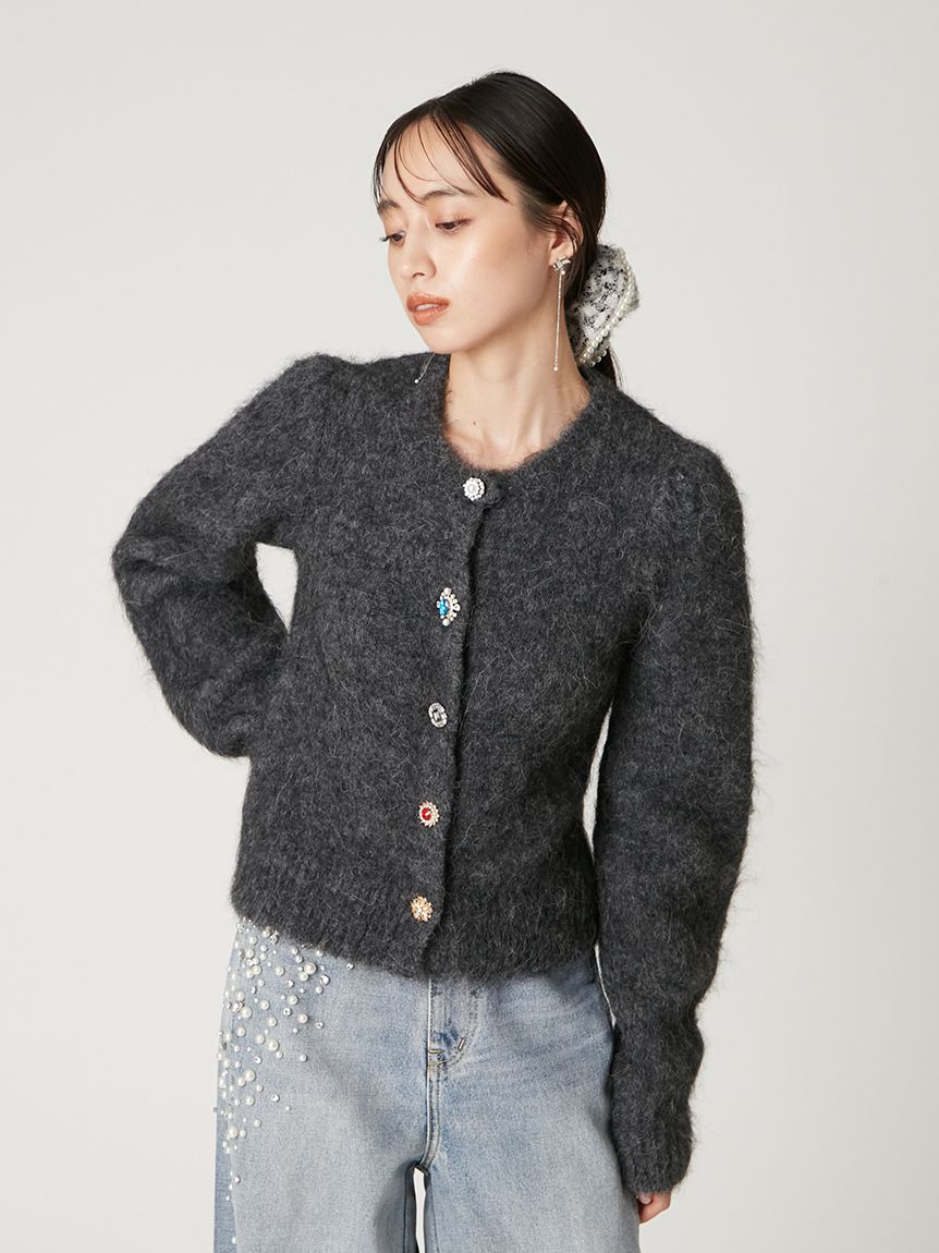 羊駝毛絨感寶石裝飾針織開襟外套 FWNT255119