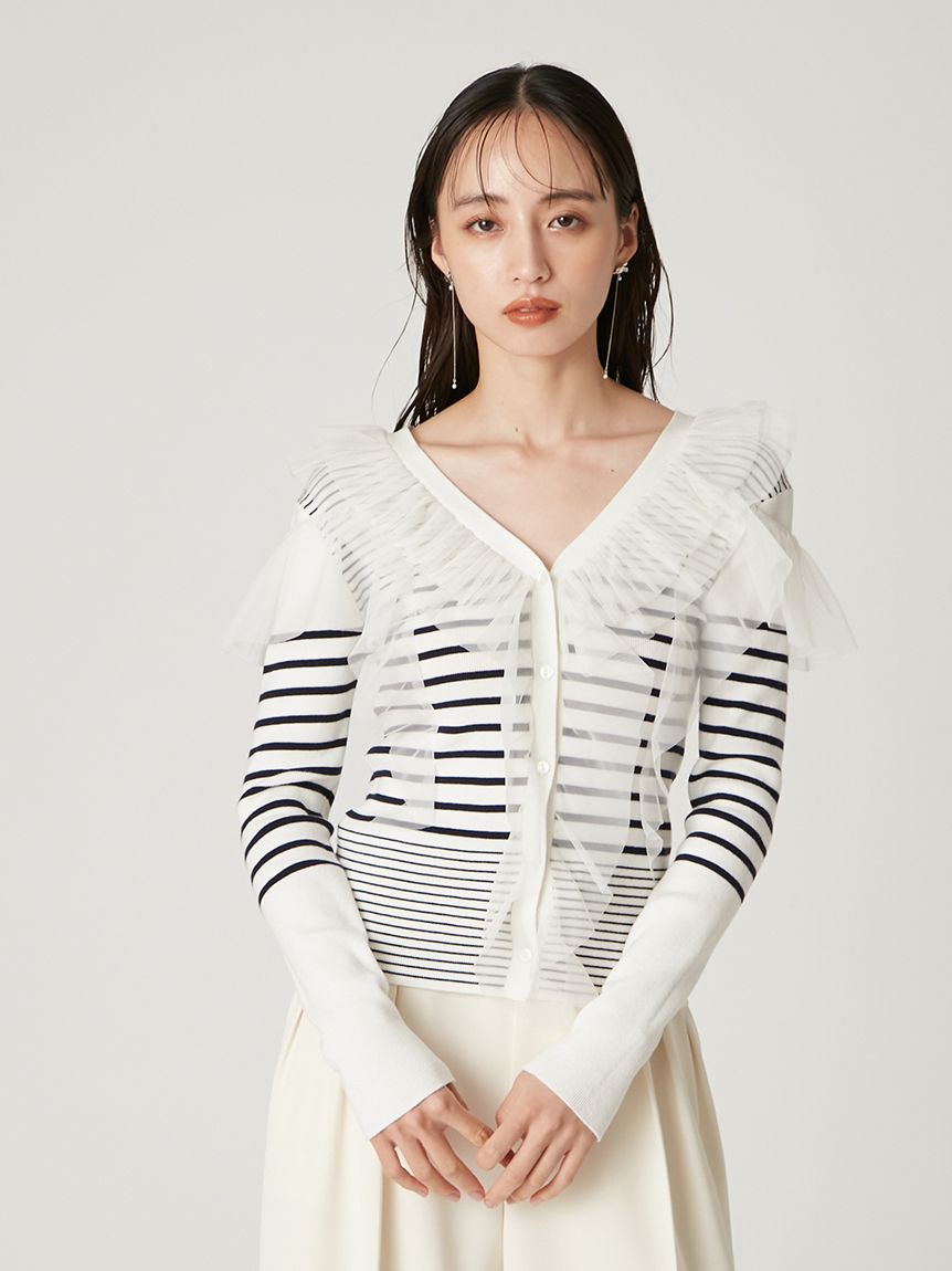 百褶網紗荷葉邊針織上衣 FWNT261035