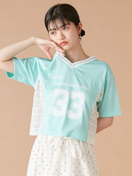 側蕾絲拼接數字印花T恤 LWCT252042