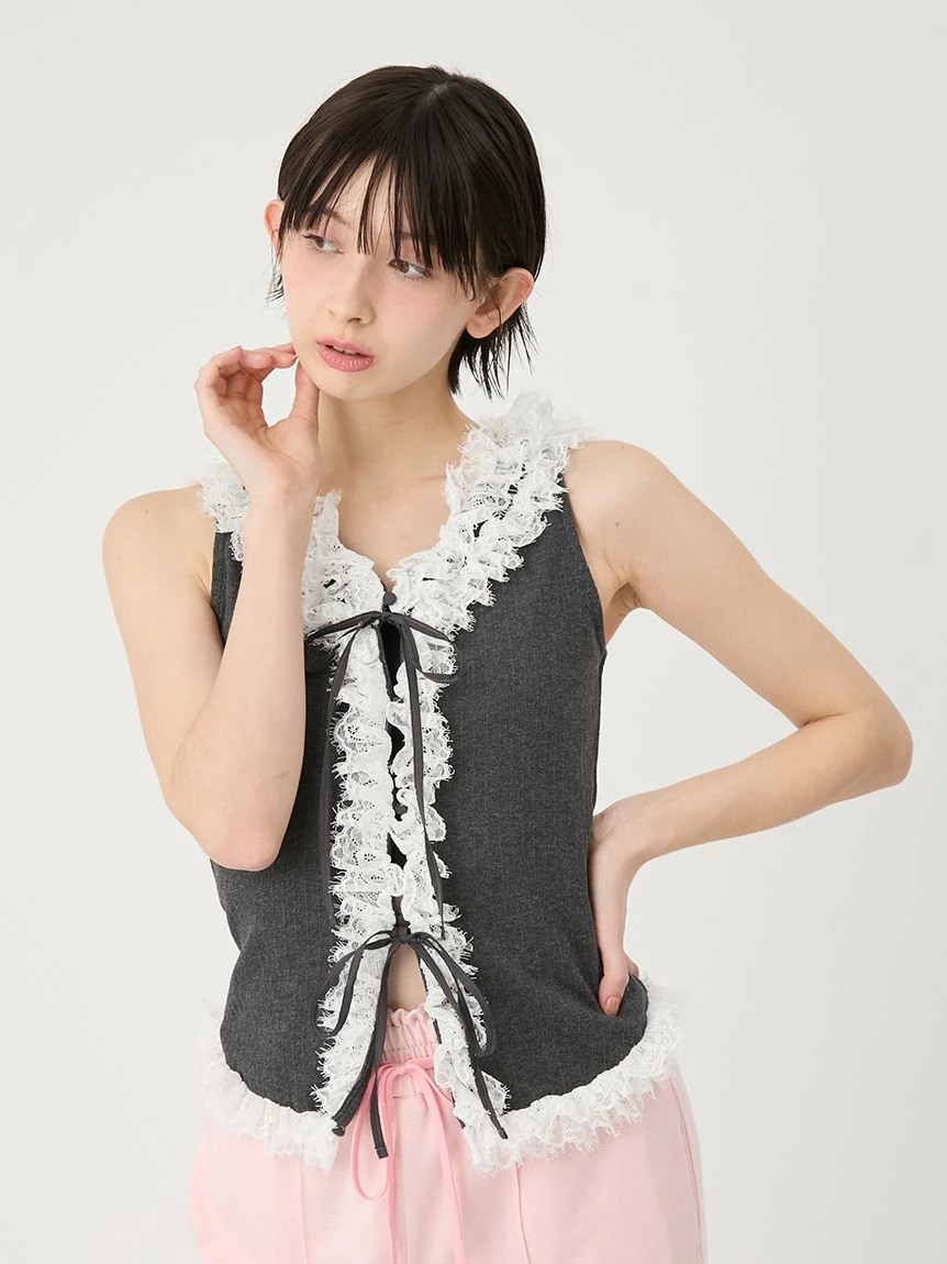 蕾絲荷葉邊拼接棉質無袖上衣 LWCT262054