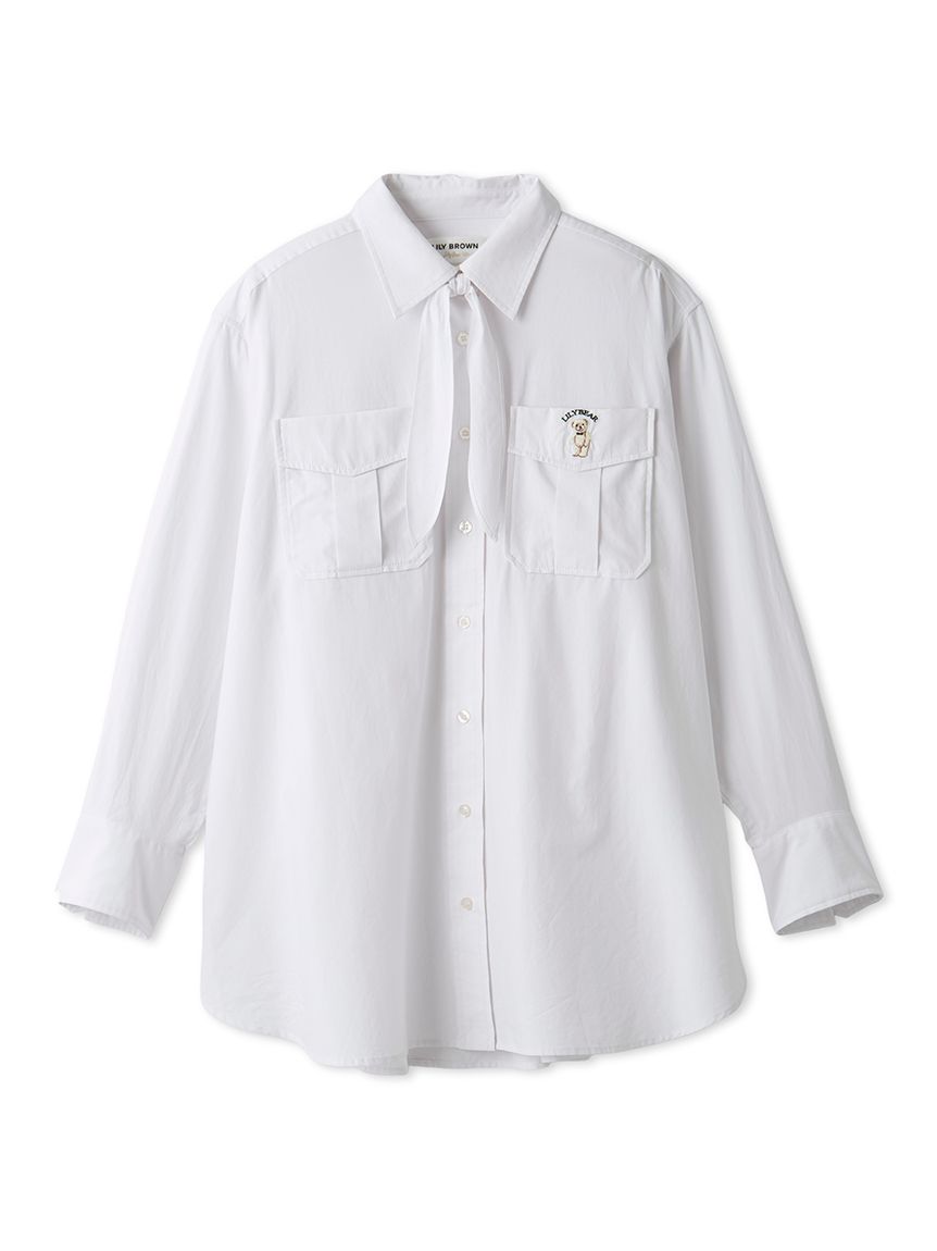 Lily Bear小熊造型絲巾長版襯衫 LWFB254044-WHT