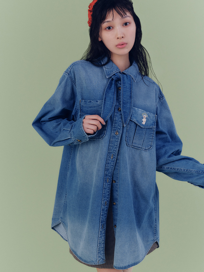 Lily Bear小熊造型絲巾長版襯衫 LWFB254044