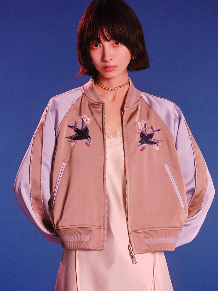 【LILY BROWN×KEITA MARUYAMA】夜櫻刺繡緞面雙面穿飛行外套 LWFJ261177