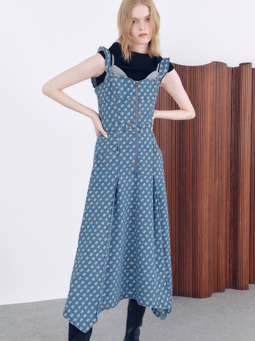 馬甲剪裁細節丹寧連身裙 LWFO254202