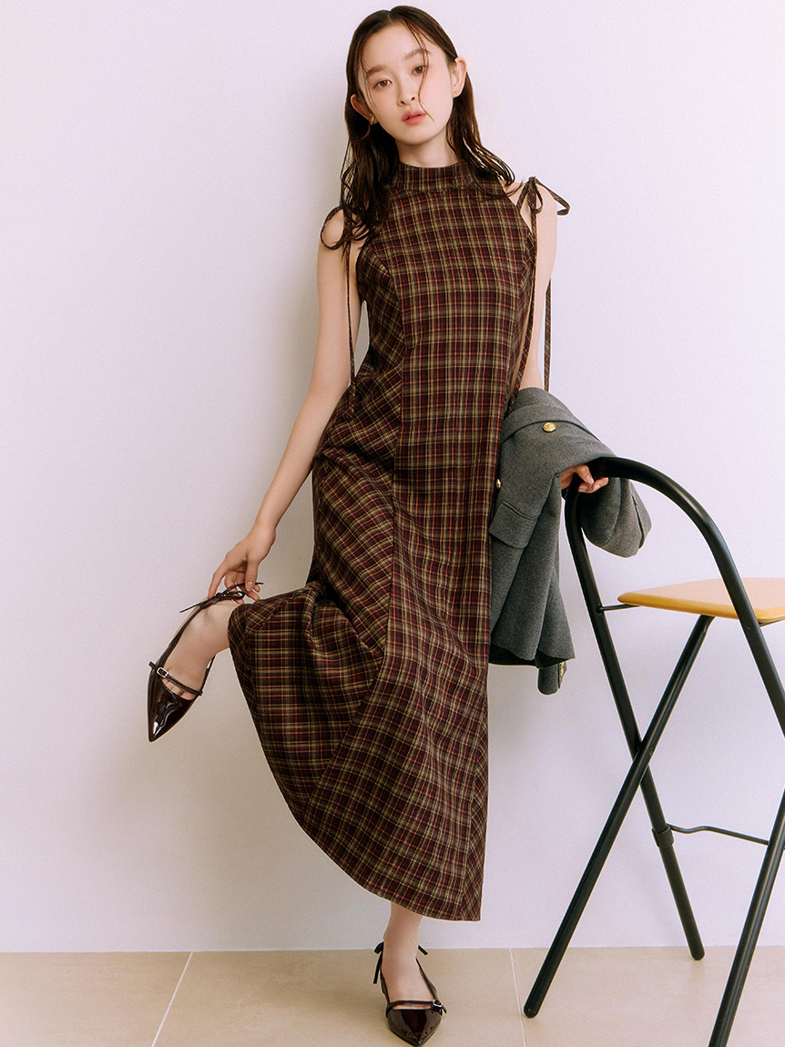 削肩剪裁格紋連身裙 LWFO255132