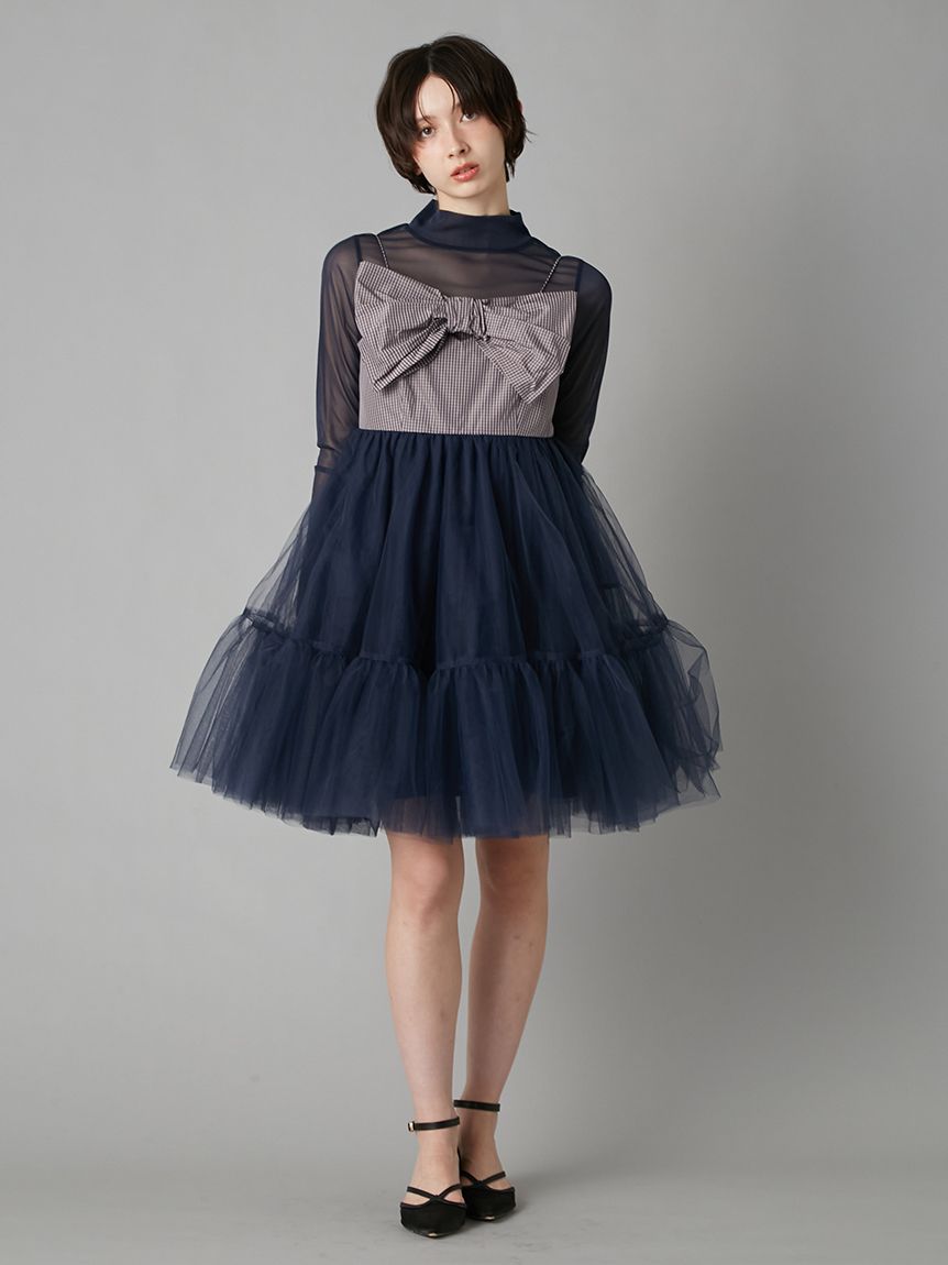 前綁帶蝴蝶結網紗連身裙 LWFO261086