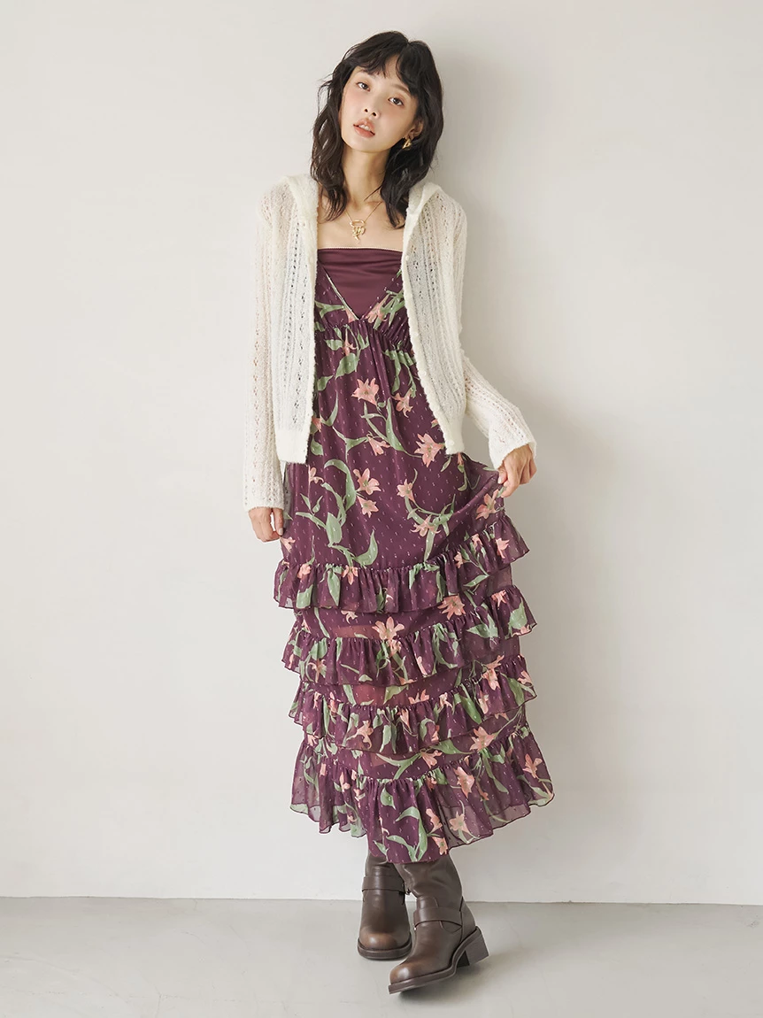 【15th Anniversary】Lily 圖案荷葉邊層次細肩帶連身裙 LWFO264227