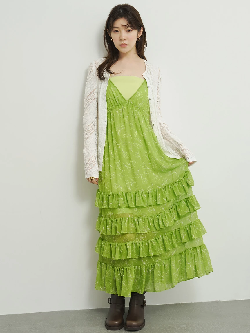 【15th Anniversary】Lily 圖案荷葉邊層次細肩帶連身裙 LWFO264227