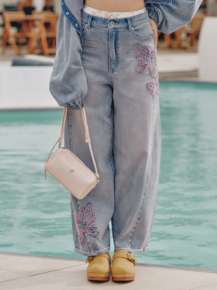 【LILY BROWN×ANNA SUI】蝴蝶結寬版丹寧長褲 LWFP264053