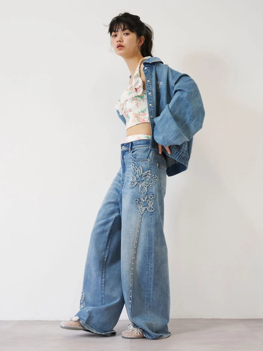 【LILY BROWN×ANNA SUI】蝴蝶結寬版丹寧長褲 LWFP264053