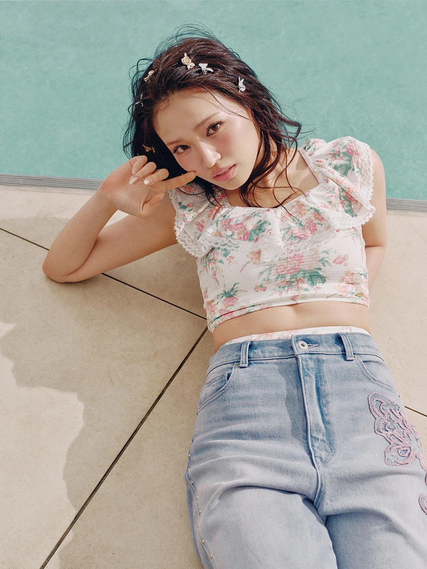 【LILY BROWN×ANNA SUI】蝴蝶結寬版丹寧長褲 LWFP264053