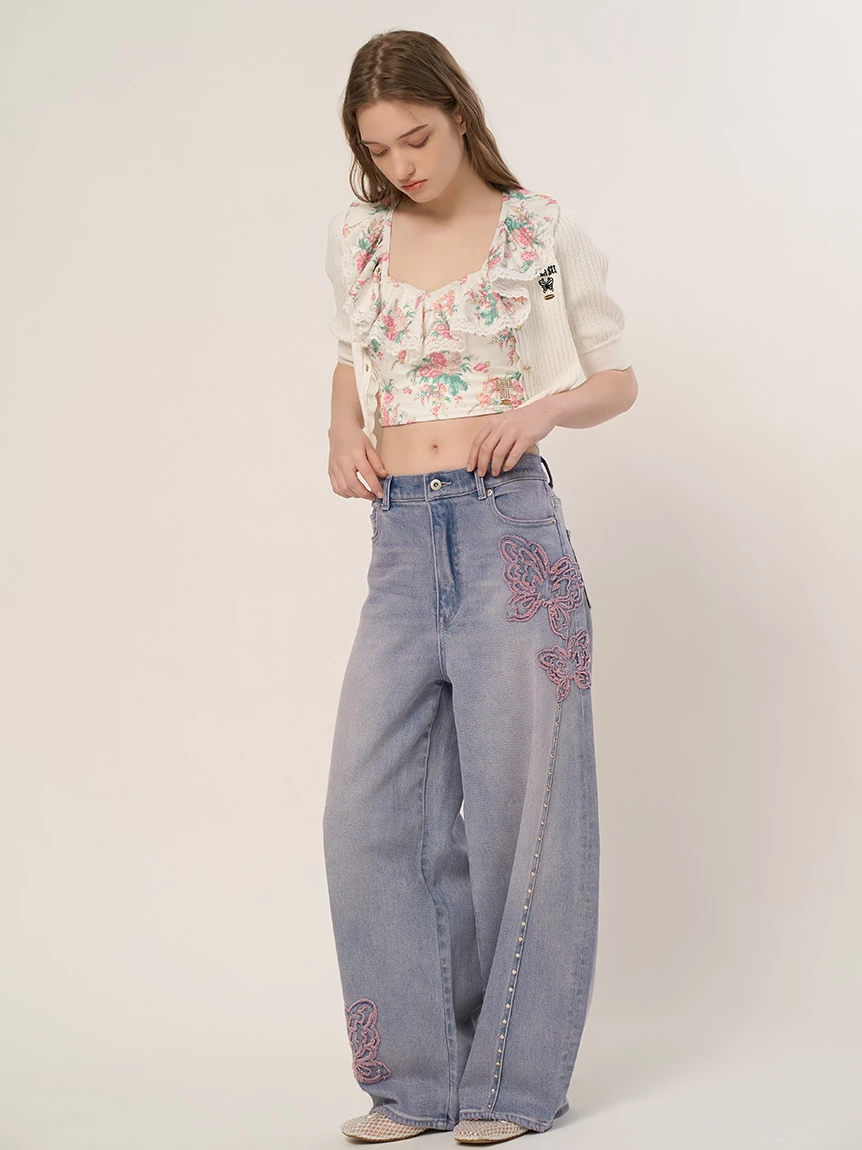【LILY BROWN×ANNA SUI】蝴蝶結寬版丹寧長褲 LWFP264053