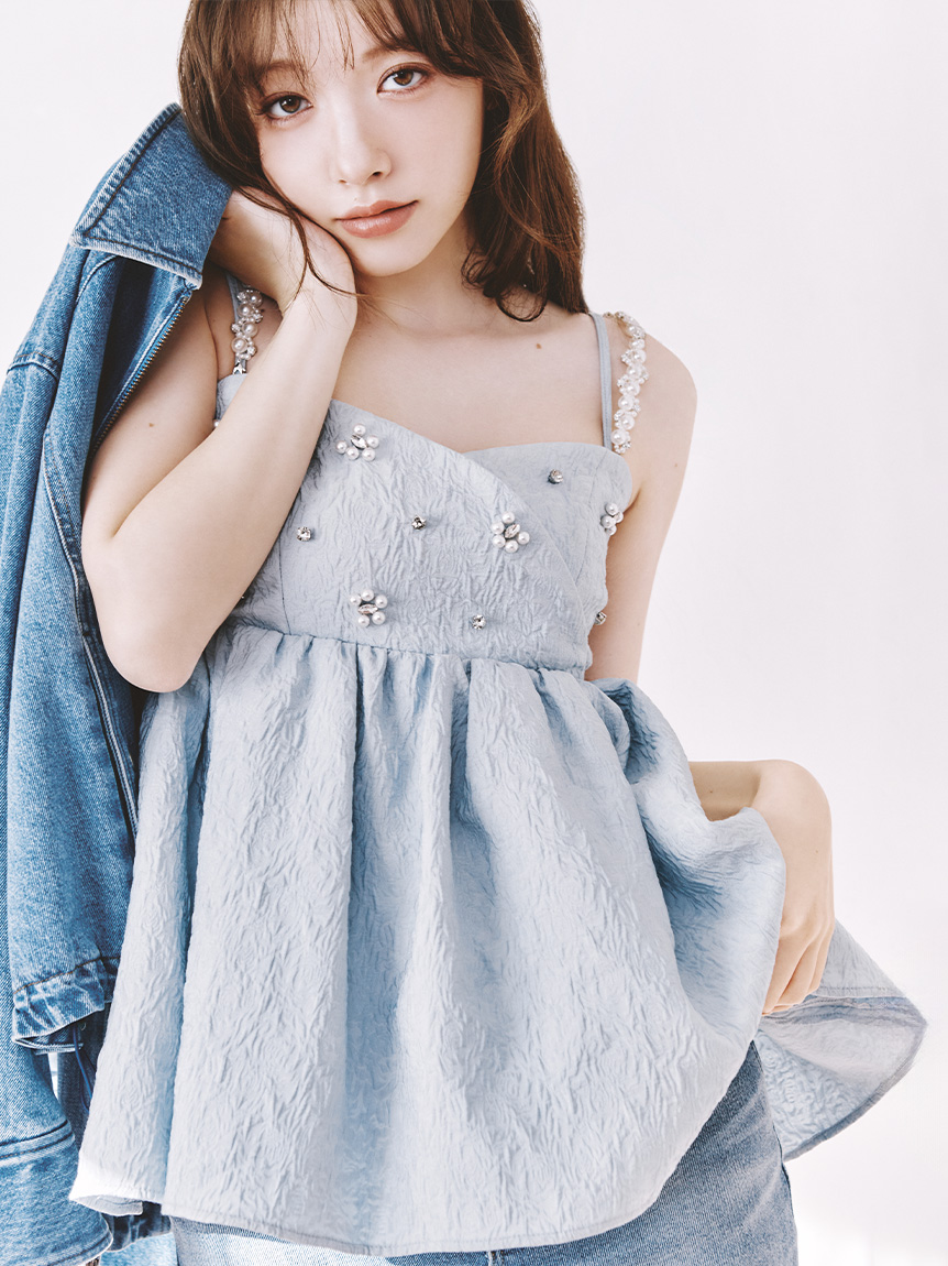 [L.B CANDY STOCK]大蝴蝶結寶石傘襬上衣 LWFT261805