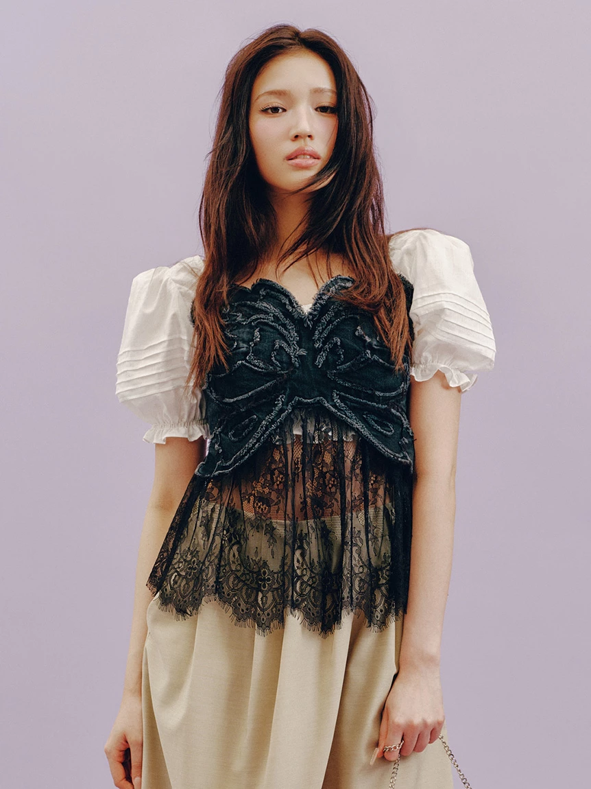 【LILY BROWN×ANNA SUI】蝴蝶結蕾絲丹寧馬甲上衣 LWFT264054