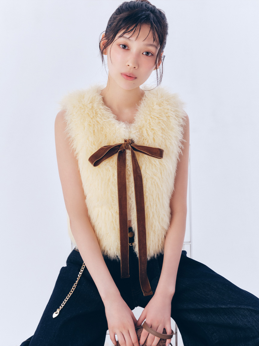 絲絨緞帶人造皮草背心 LWFV254222