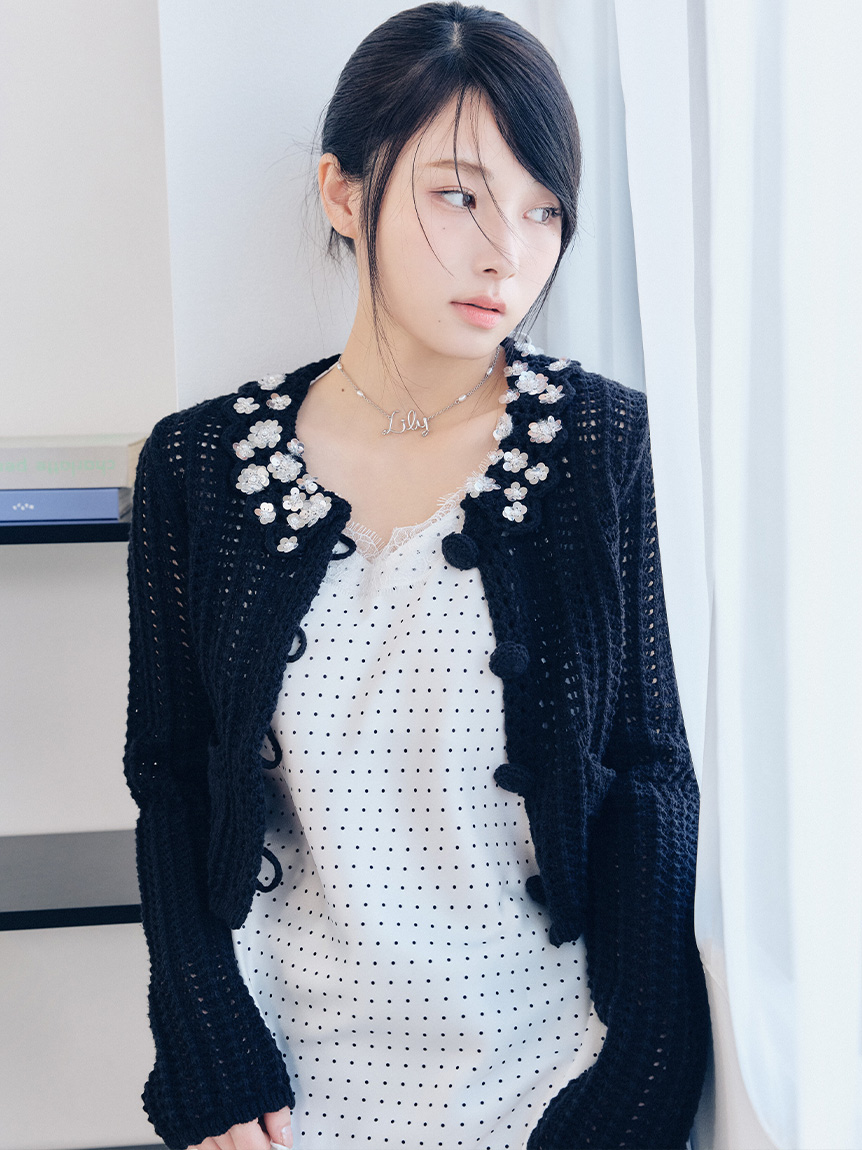 [L.B CANDY STOCK]鉤針編織寶石釦針織外套 LWND261803