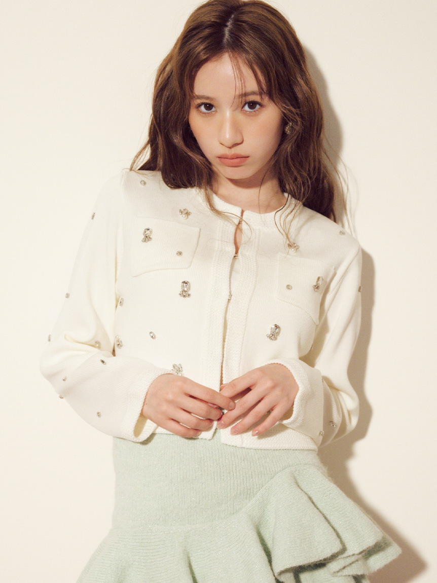 [L.B CANDY STOCK]多層珠飾無領針織外套 LWNJ255813