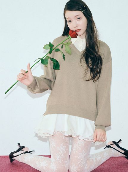 襯衫拼接荷葉邊迷你連身裙 LWNO254102