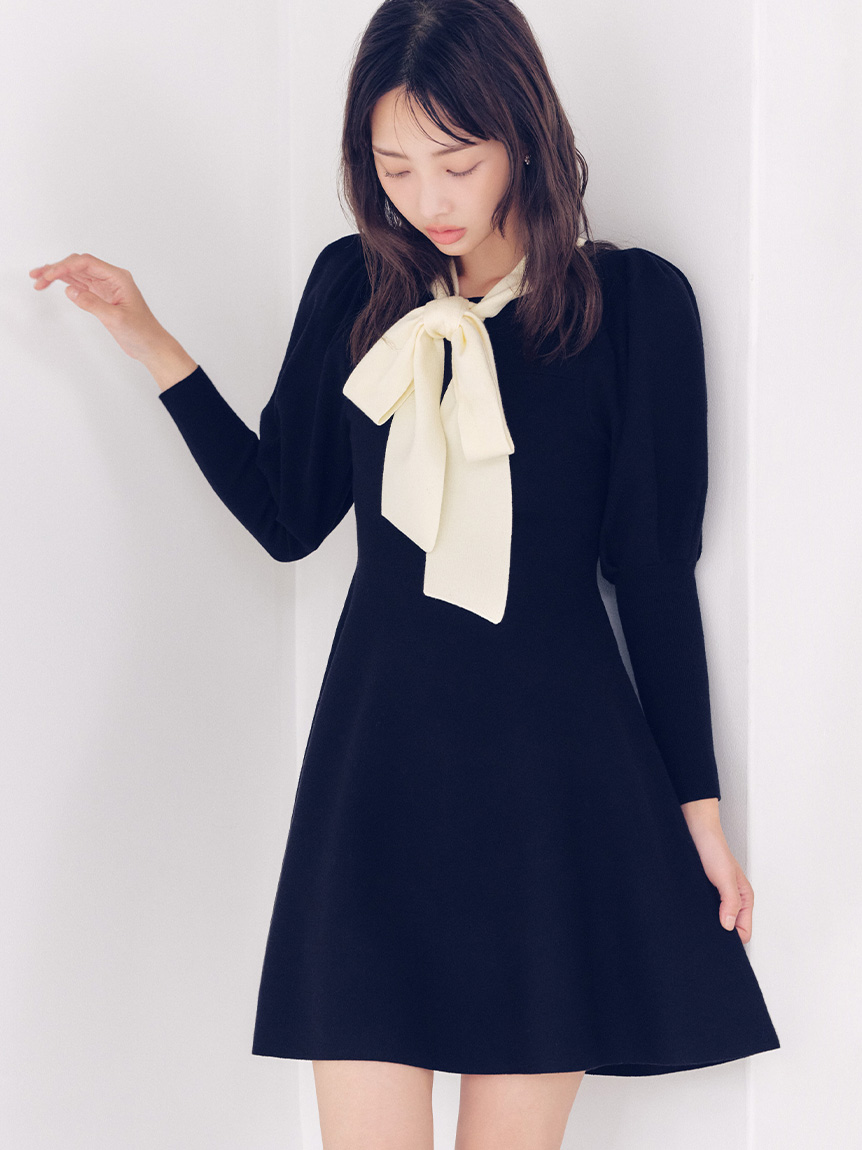 蝴蝶結綁帶針織連身裙 LWNO254134