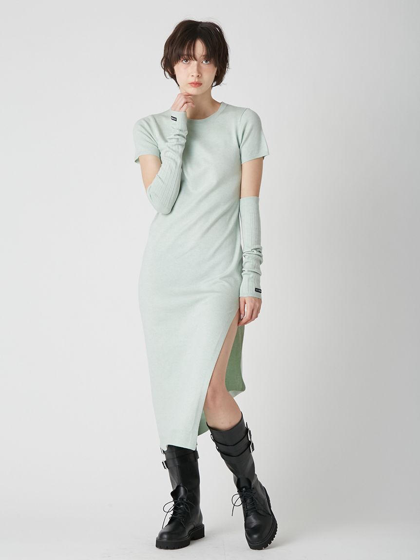 附袖套設計短袖針織連身裙 LWNO261109