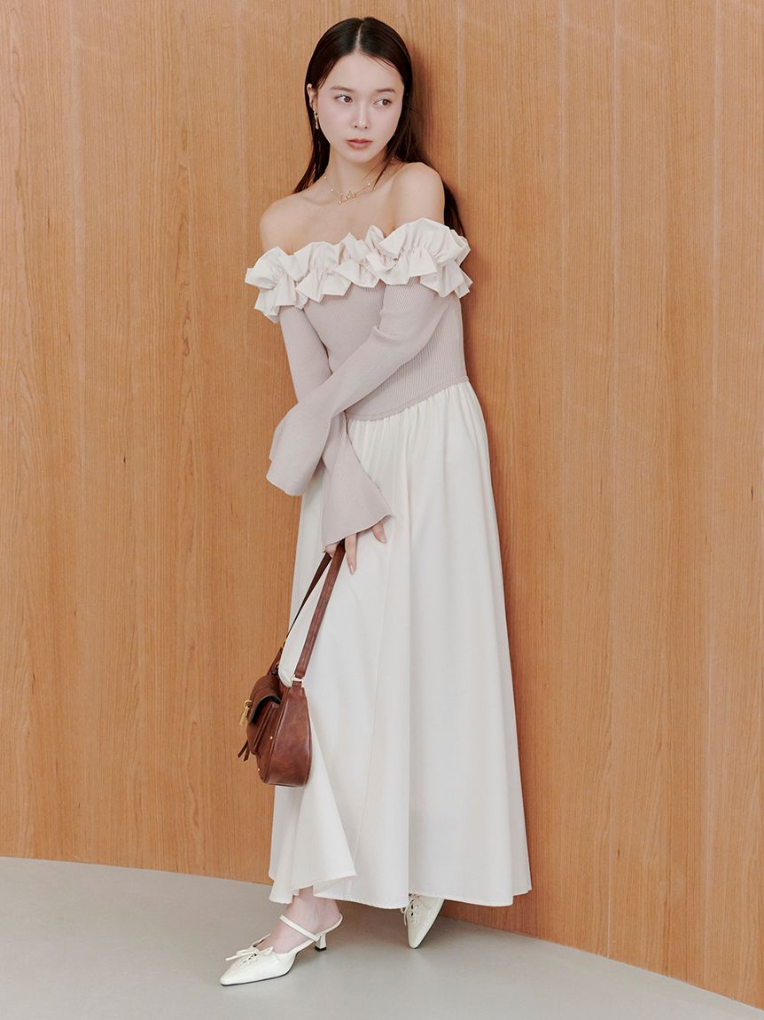 荷葉領露肩拼接連身裙 LWNO261124