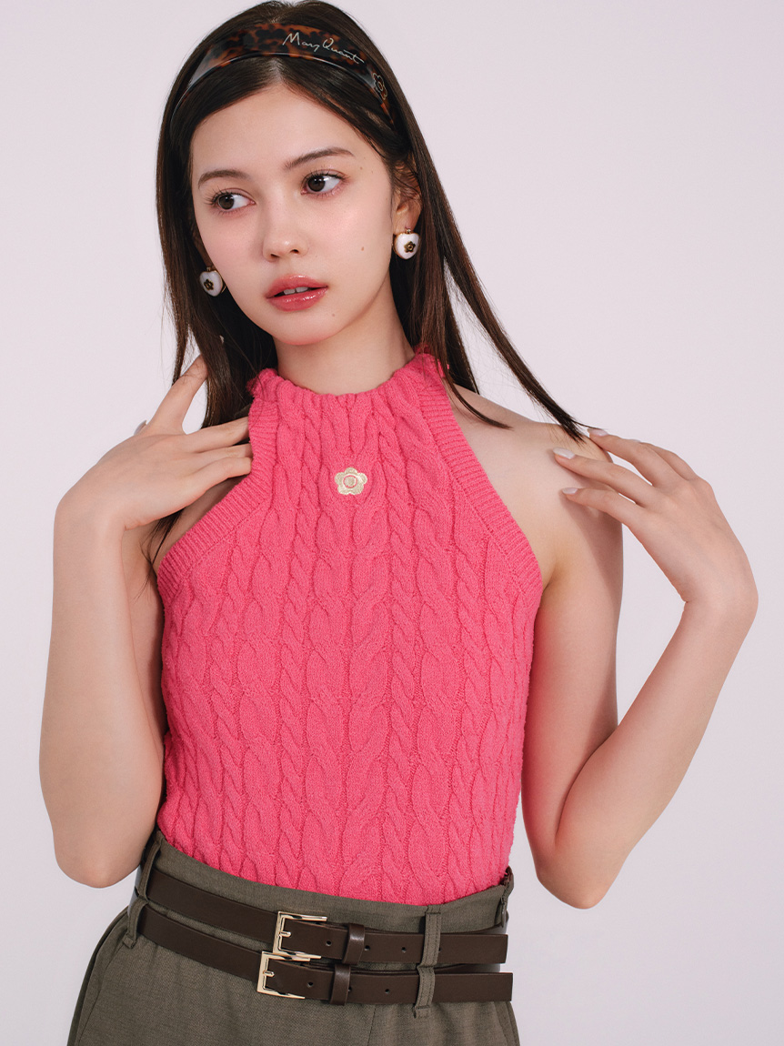 【LILY BROWN×MARY QUANT】雛菊刺繡削肩麻花針織上衣 LWNT254007