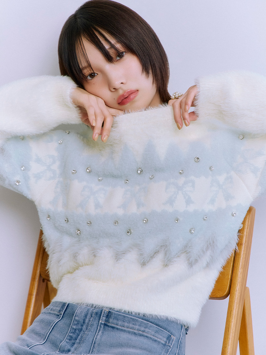 [L.B CANDY STOCK]蝴蝶結寶石裝飾針織上衣 LWNT255812