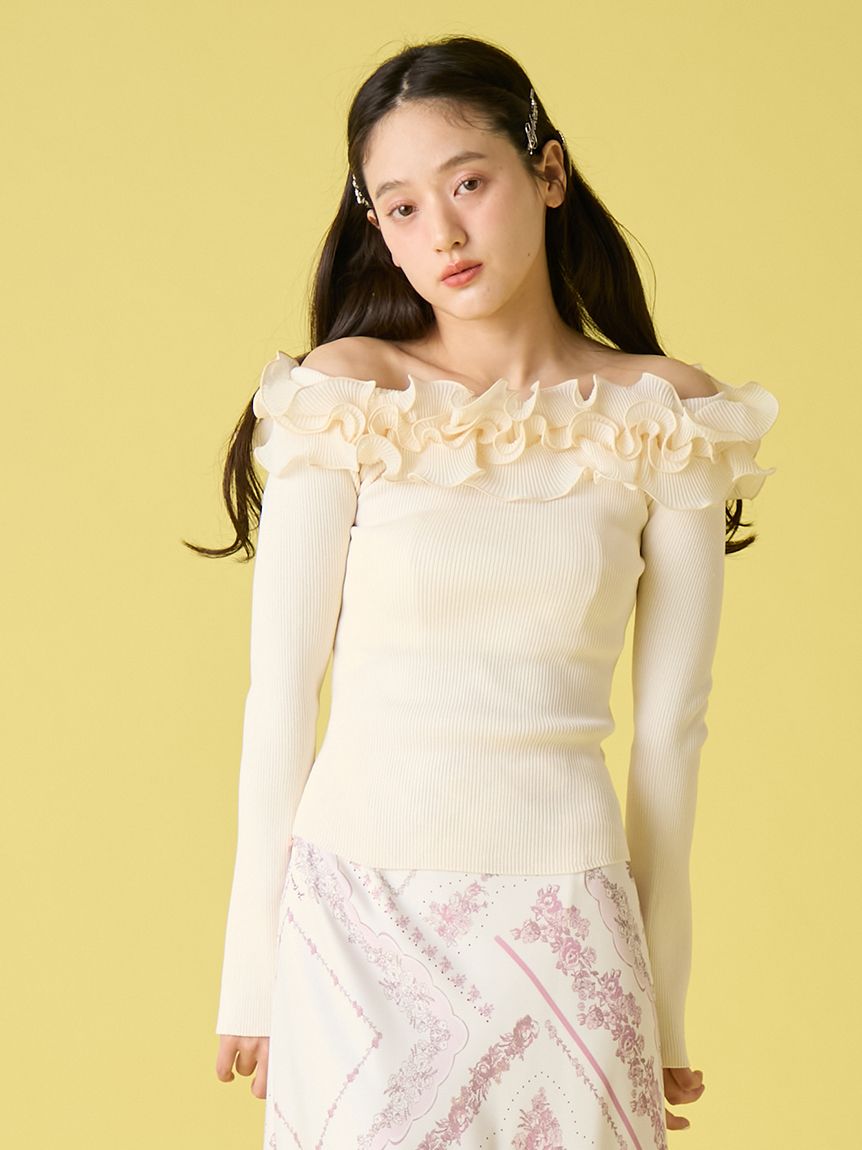 圖案荷葉露肩針織上衣 LWNT261123